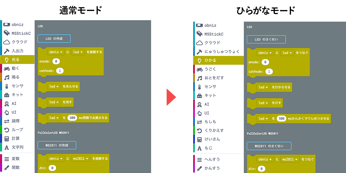 ブロックプログラムのひらがなモード